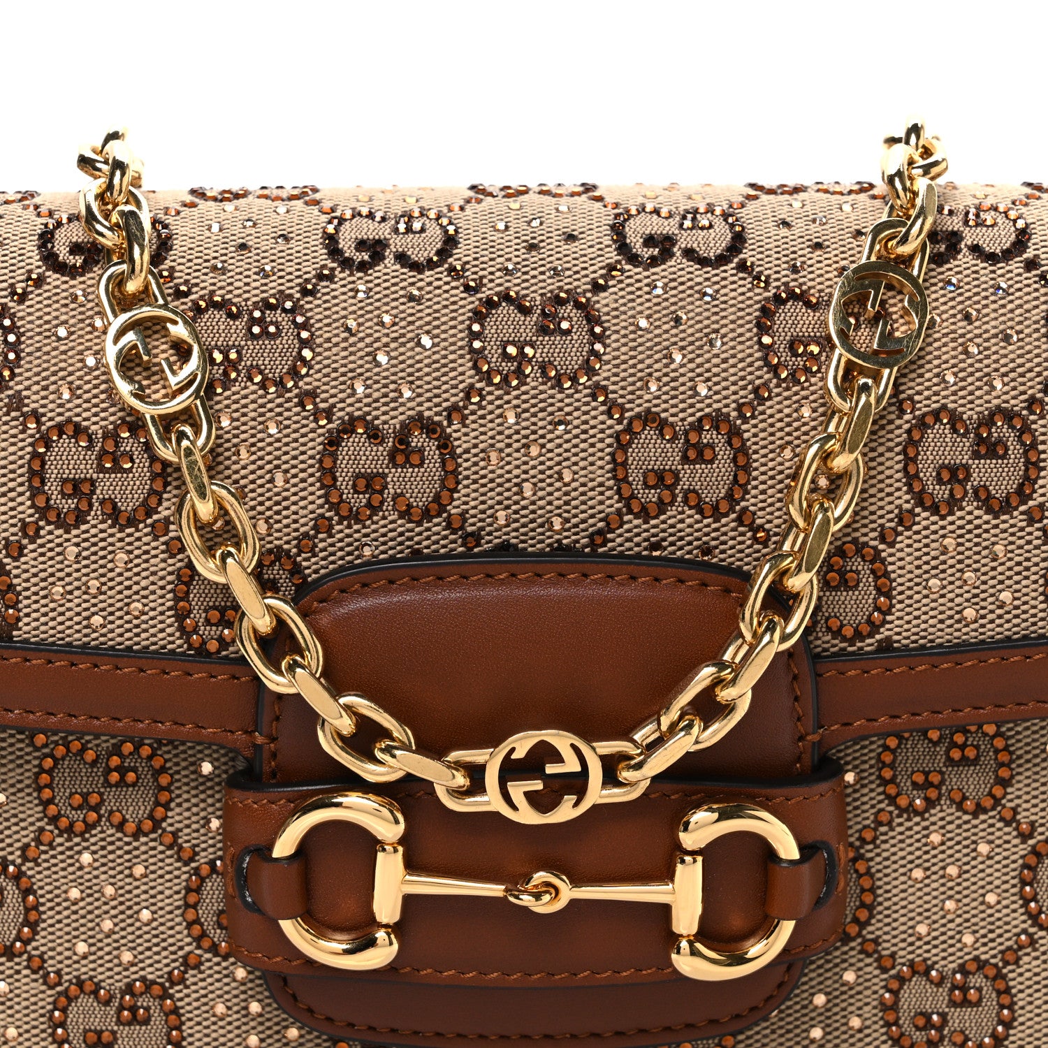 Gucci New Canvas Charisma Calfskin Crystal GG Monogram Mini Horsebit 1955 Shoulder Bag Camel Ebony 8 of 10