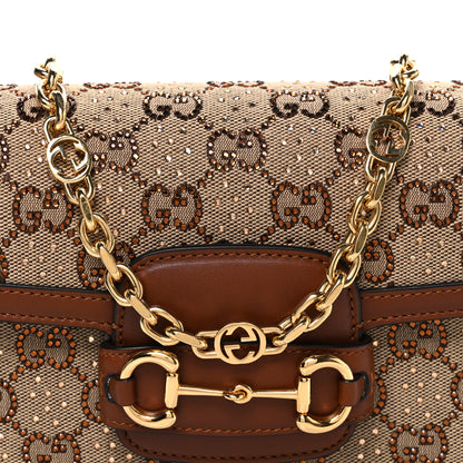 Gucci New Canvas Charisma Calfskin Crystal GG Monogram Mini Horsebit 1955 Shoulder Bag Camel Ebony 8 of 10