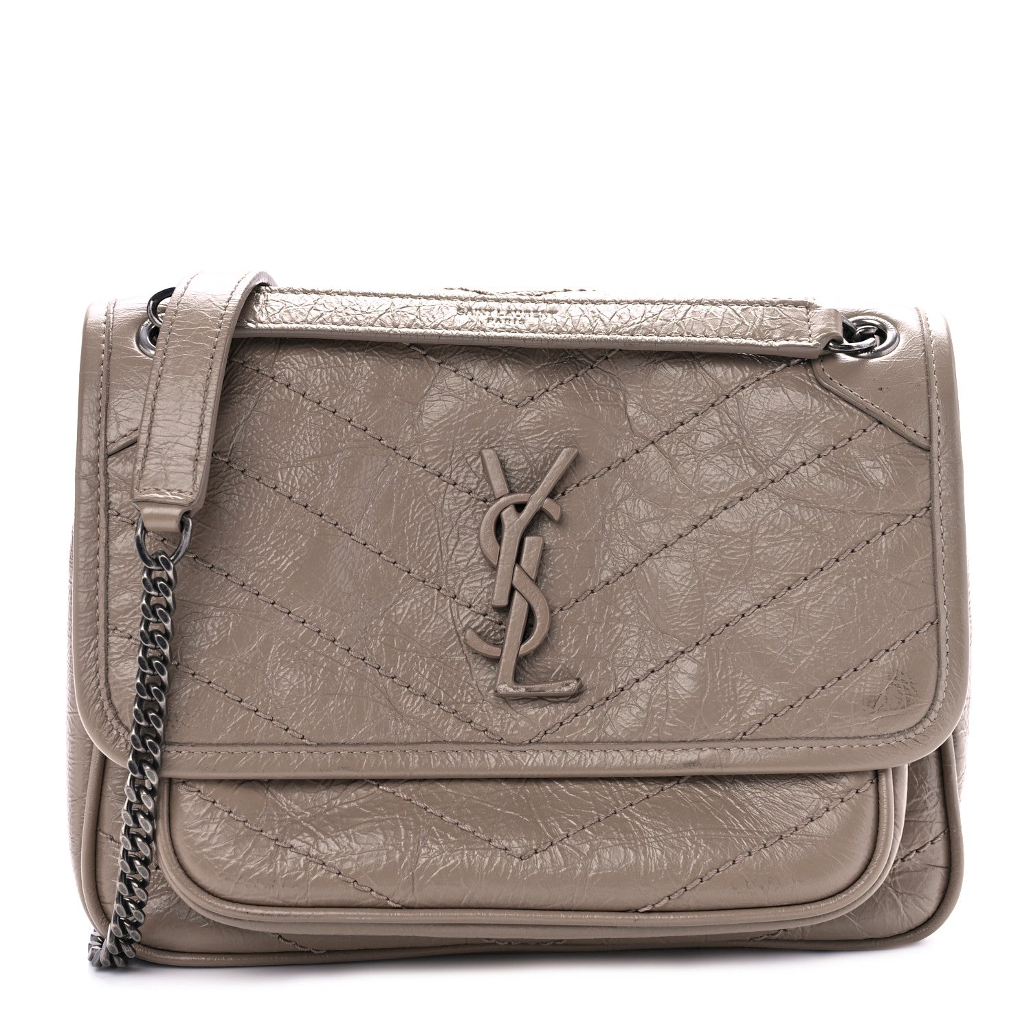 The SAINT LAURENT Baby Crinkled Calfskin Matelasse Monogram Niki Chain Satchel in the color Light Taupe by FASHIONPHILE