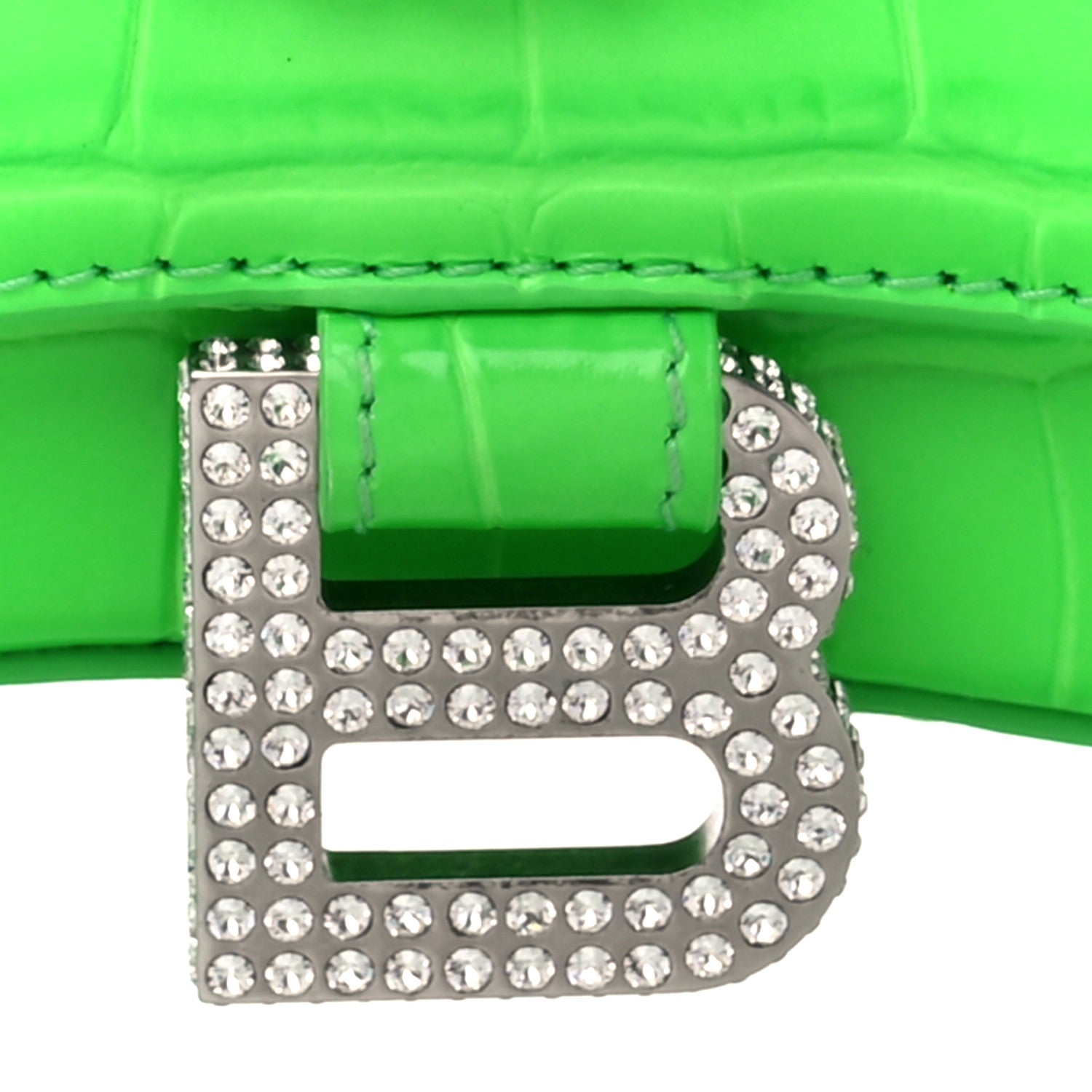 Balenciaga Shiny Calfskin Strass Crocodile Embossed Hourglass Chain Bag Fluo Green 7 of 10