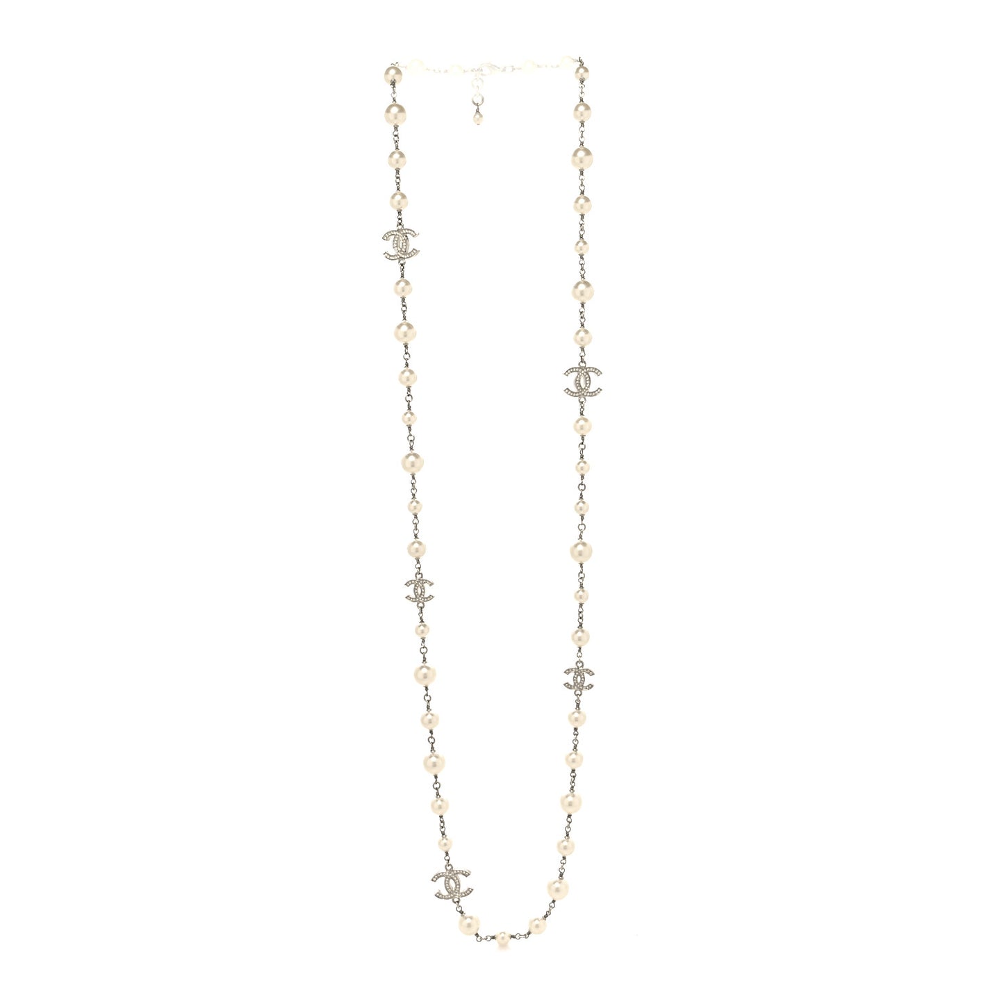 Crystal Pearl CC Long Necklace Silver