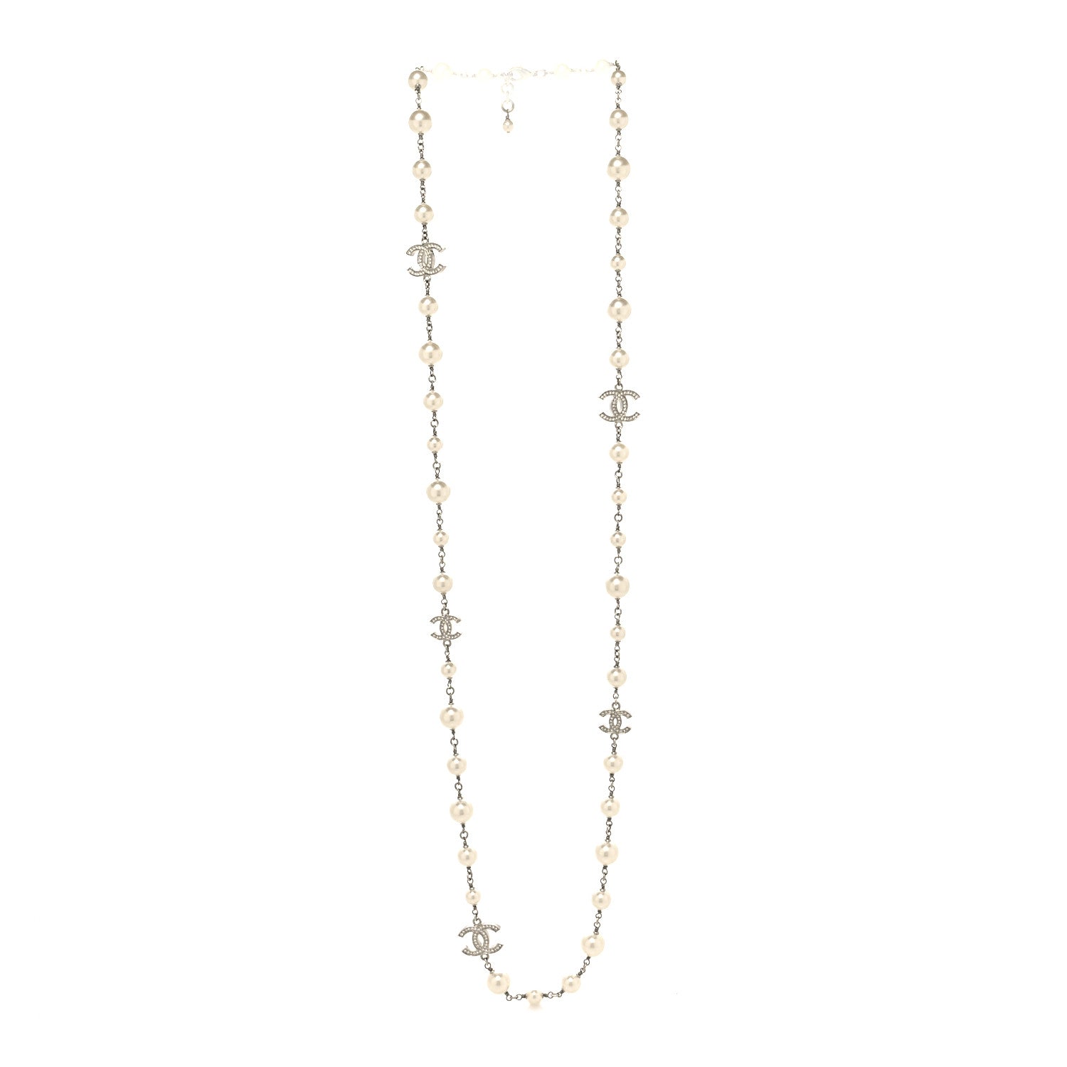 Chanel Crystal Pearl CC Long Necklace Silver 3 of 5