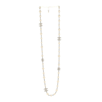 Chanel Crystal Pearl CC Long Necklace Silver 3 of 5