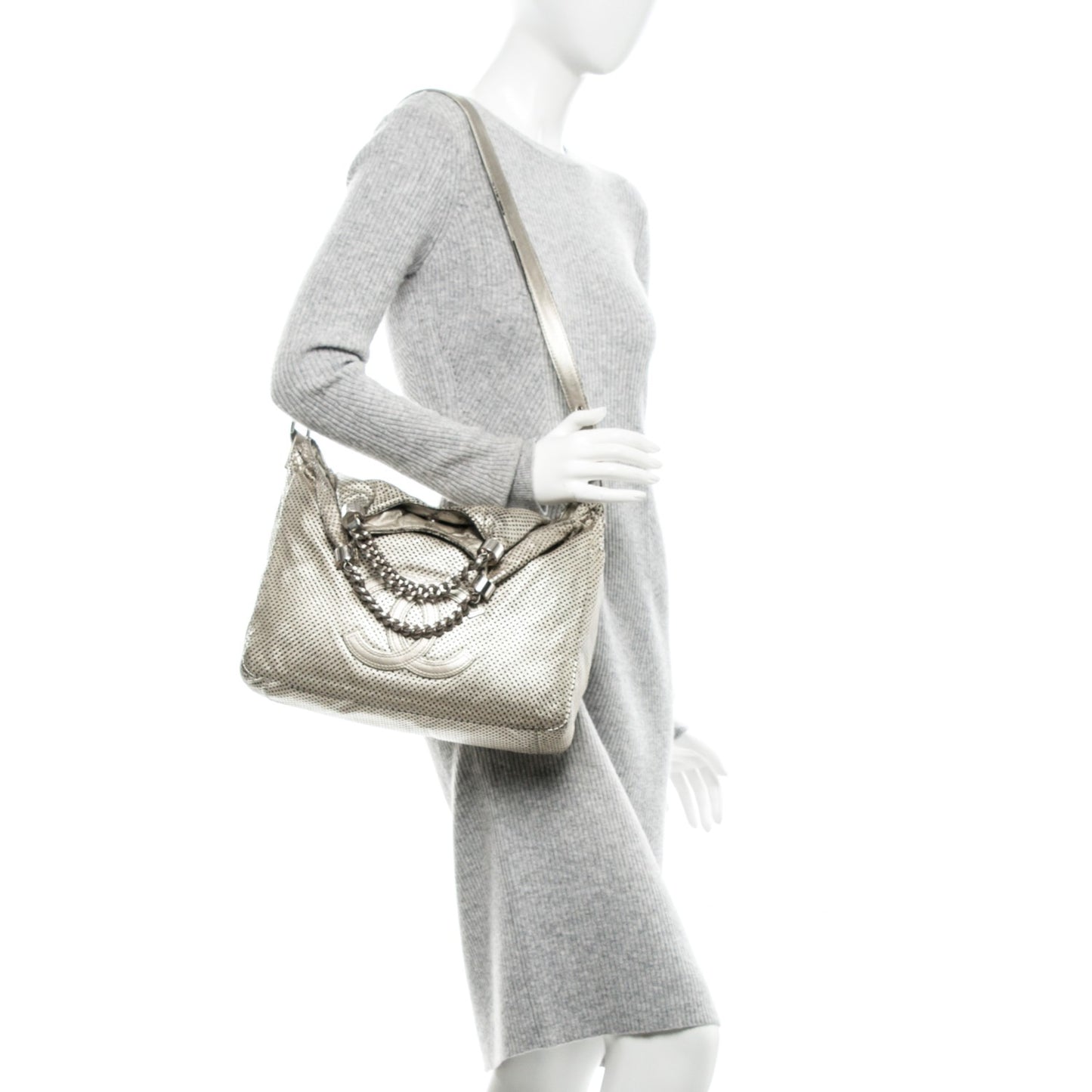 Metallic Glazed Calfskin Perforated Large Rodeo Drive Tote Silver
