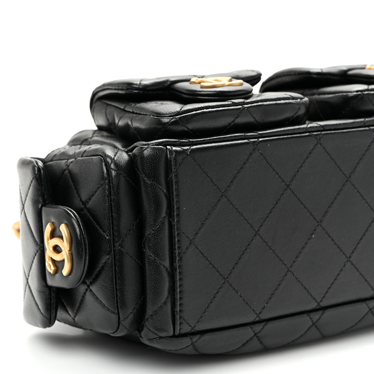 Shiny Lambskin Quilted Trendy Pockets Hobo Black