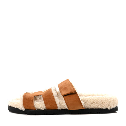 Hermes Suede Goatskin Woolskin Womens Chypre Sandals 36 Brun Fume Ecru 1 of 7