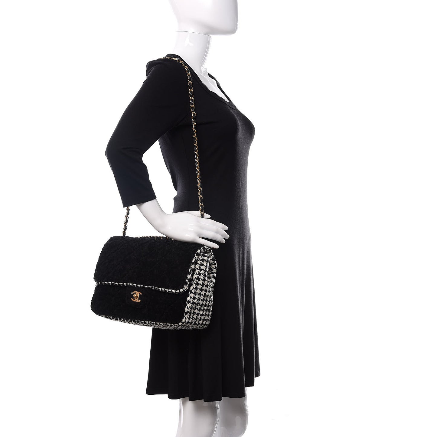 Shearling Tweed Jumbo Single Flap Black White