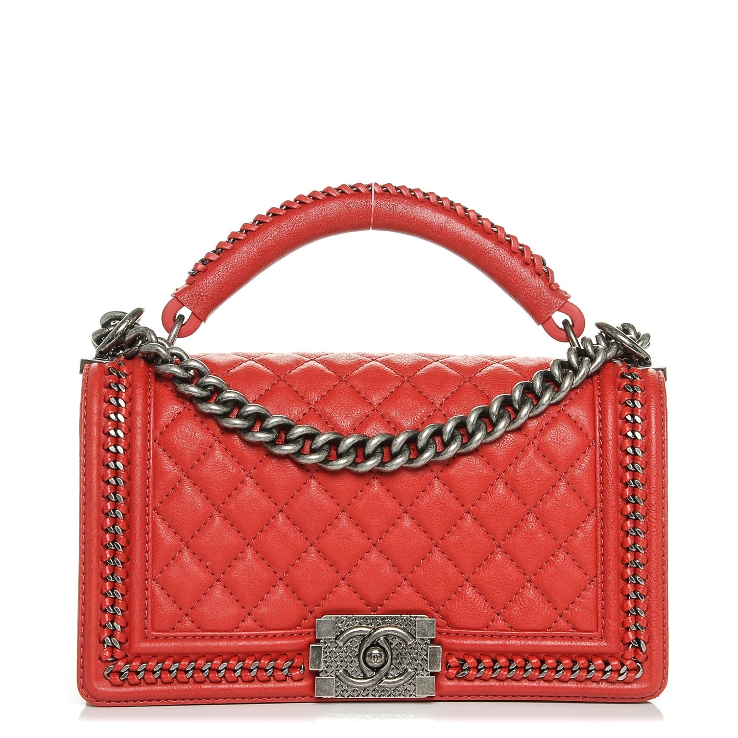 Crumpled Calfskin Quilted Medium Boy Handle Flap Red