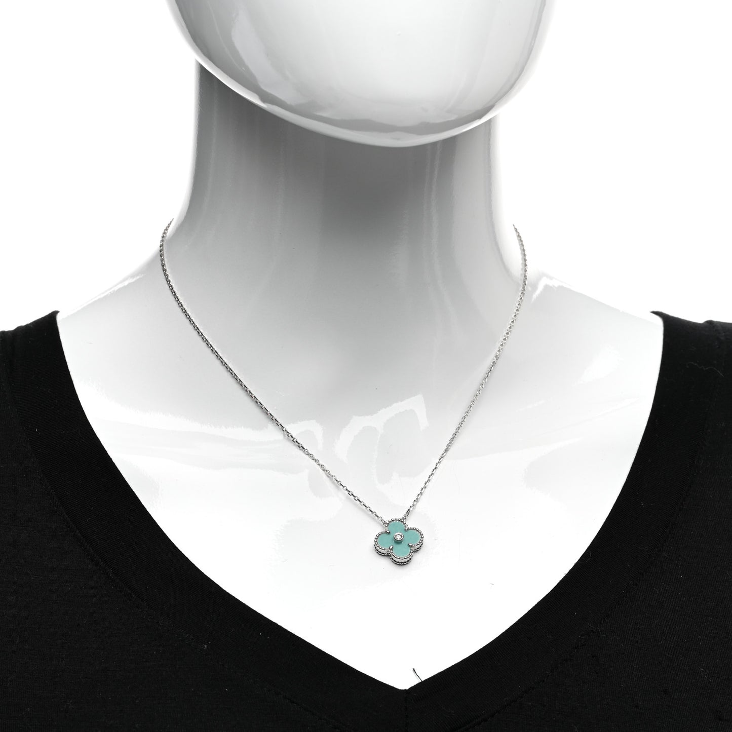 18K White Gold Diamond Celadon Green Sevres Porcelain Vintage Alhambra Pendant Necklace