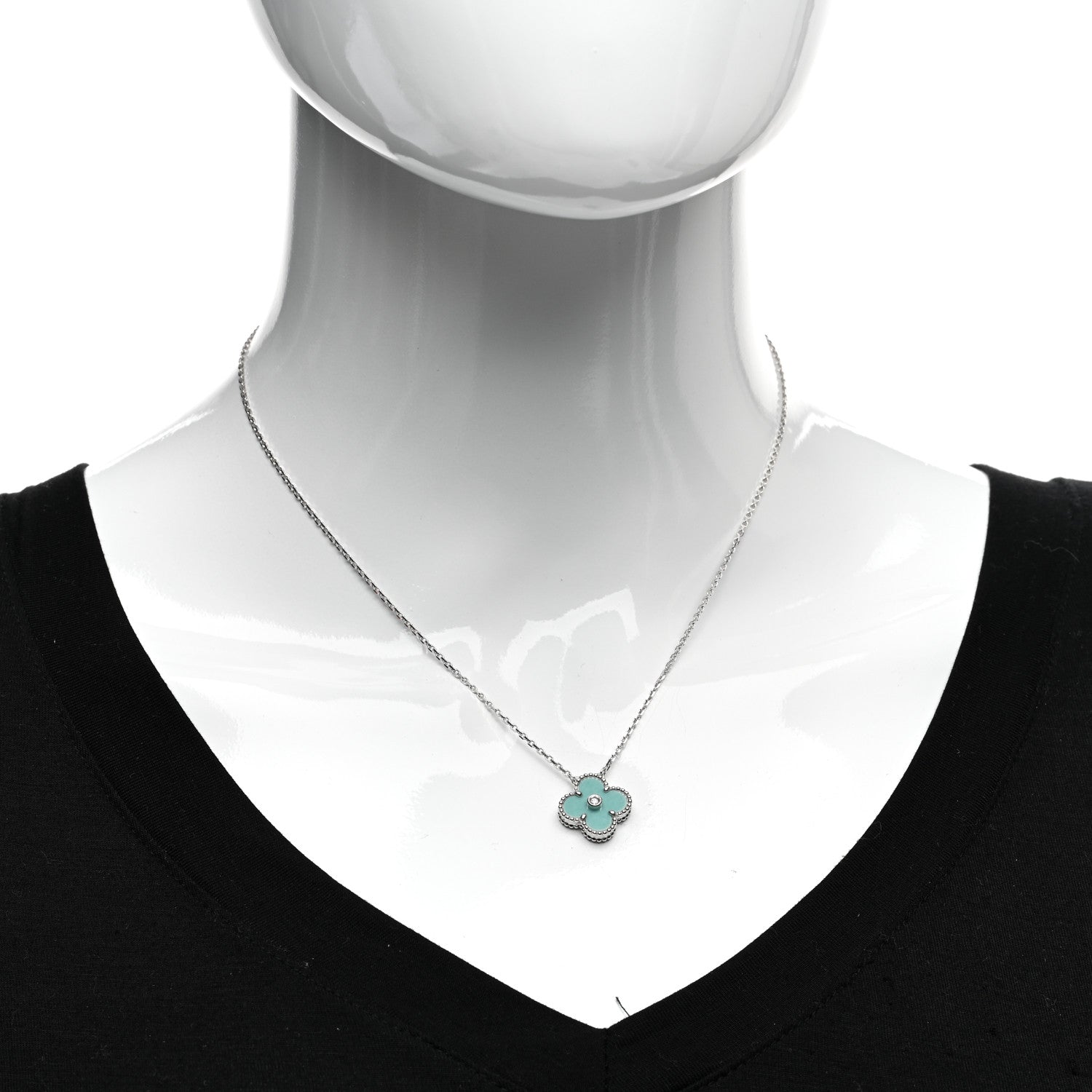 Van Cleef & Arpels 18K White Gold Diamond Celadon Green Sevres Porcelain Vintage Alhambra Pendant Necklace 2 of 6