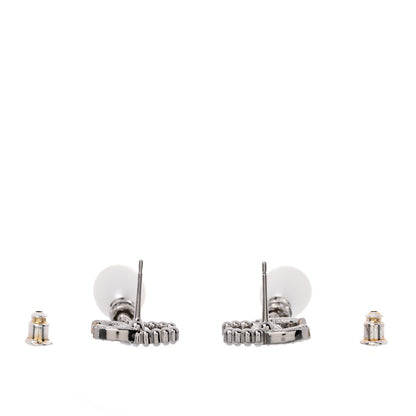 Chanel Crystal Pearl CC Drop Earrings Silver Pearly White 3 of 5