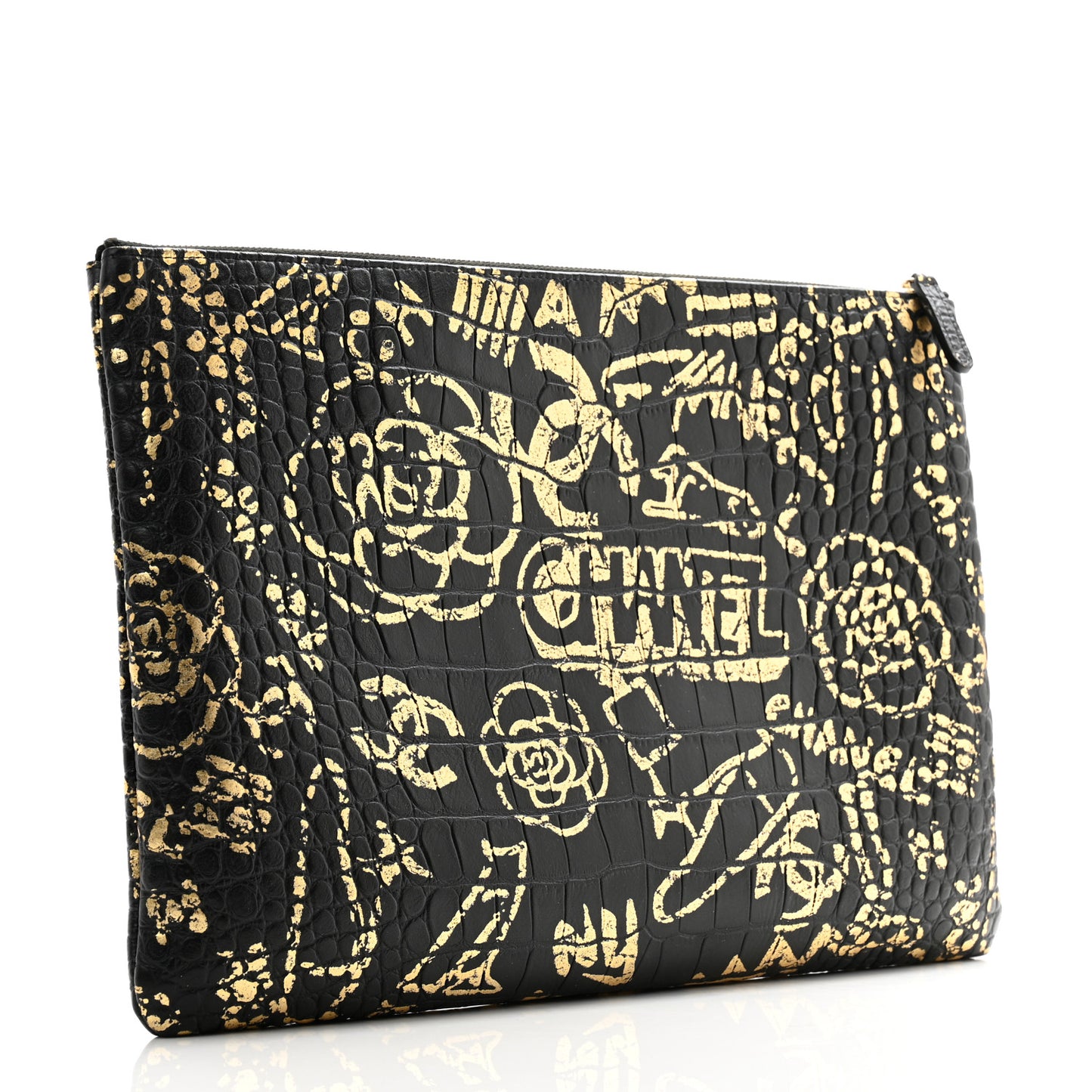 Calfskin Crocodile Embossed Graffiti 2.55 Large Cocodile Reissue Cosmetic Case Black Gold