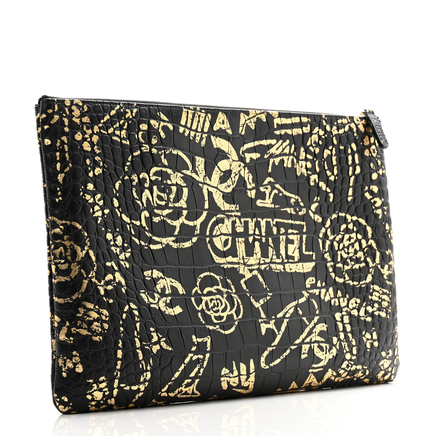 Chanel Calfskin Crocodile Embossed Graffiti 2.55 Large Cocodile Reissue Cosmetic Case Black Gold 3 of 11