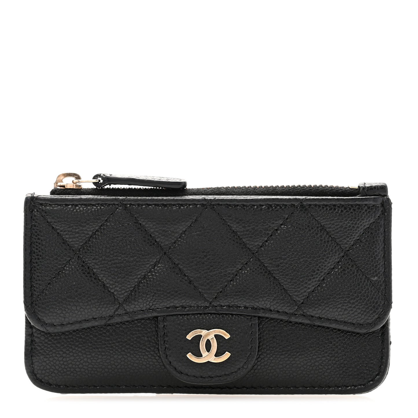 Caviar Quilted Flap Zip Card Holder Black