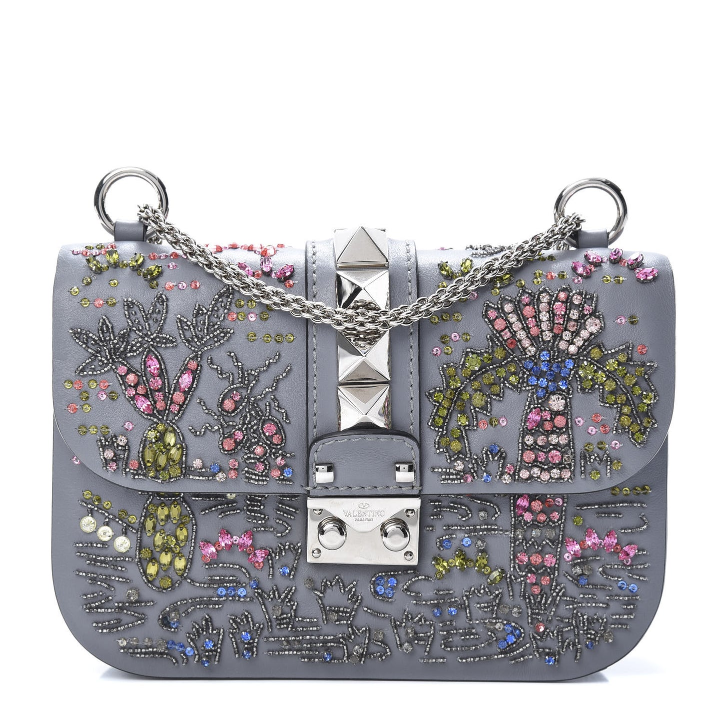 Vitello Crystal Embellished Glam Lock Rockstud Flap Periwinkle