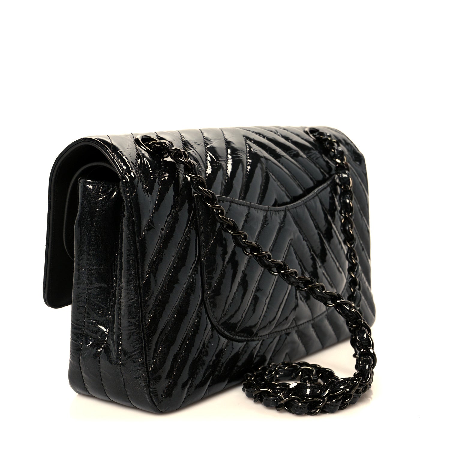 Chanel Metallic Patent Crumpled Calfskin Chevron Quilted Medium Double Flap So Black 3 of 11
