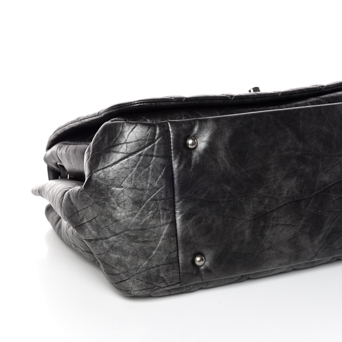 Metallic Aged Calfskin Quilted Large Pondichery Flap Dark Grey