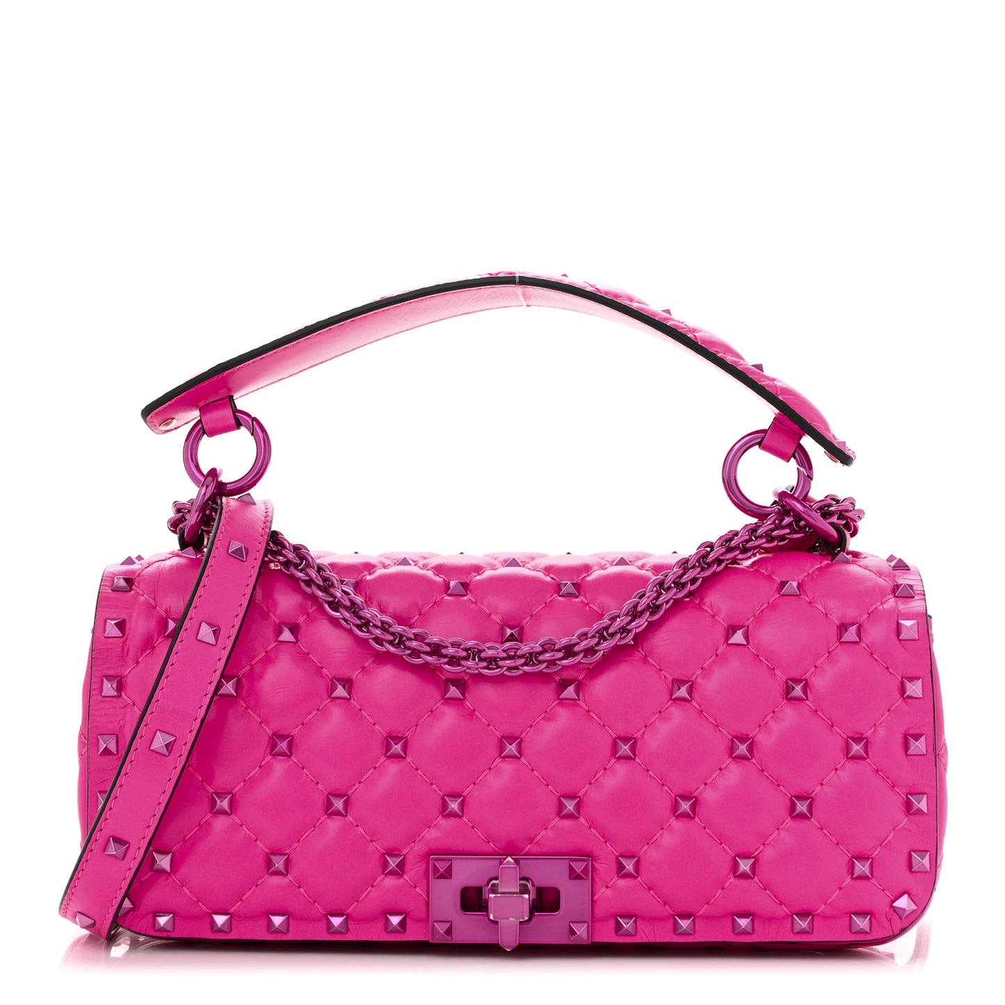 Calfskin Lacquer Monochrome Small Rockstud Spike Convertible Shoulder Bag Pink PP