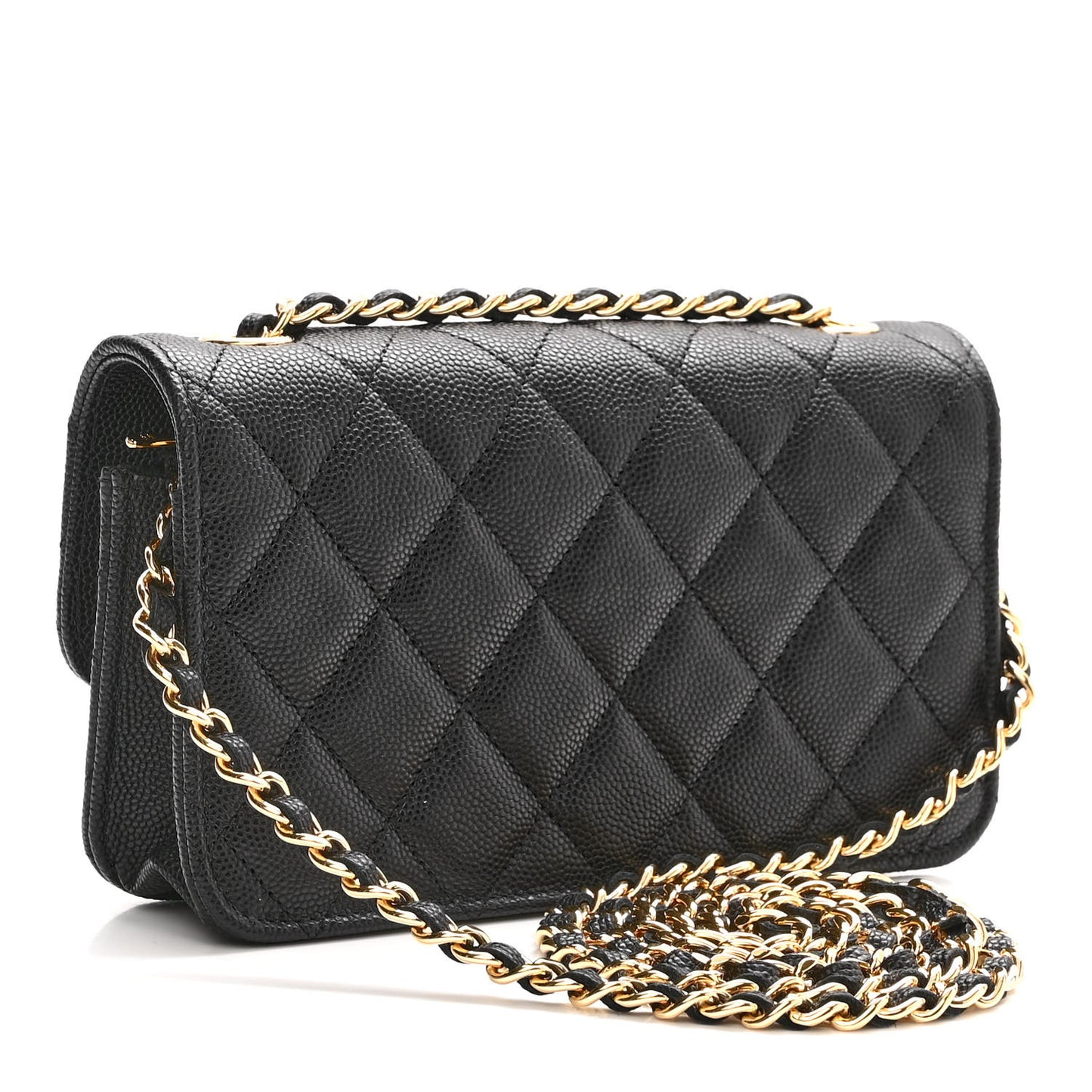 Caviar Quilted Enamel Coco Casino Flap Phone Holder With Chain Black