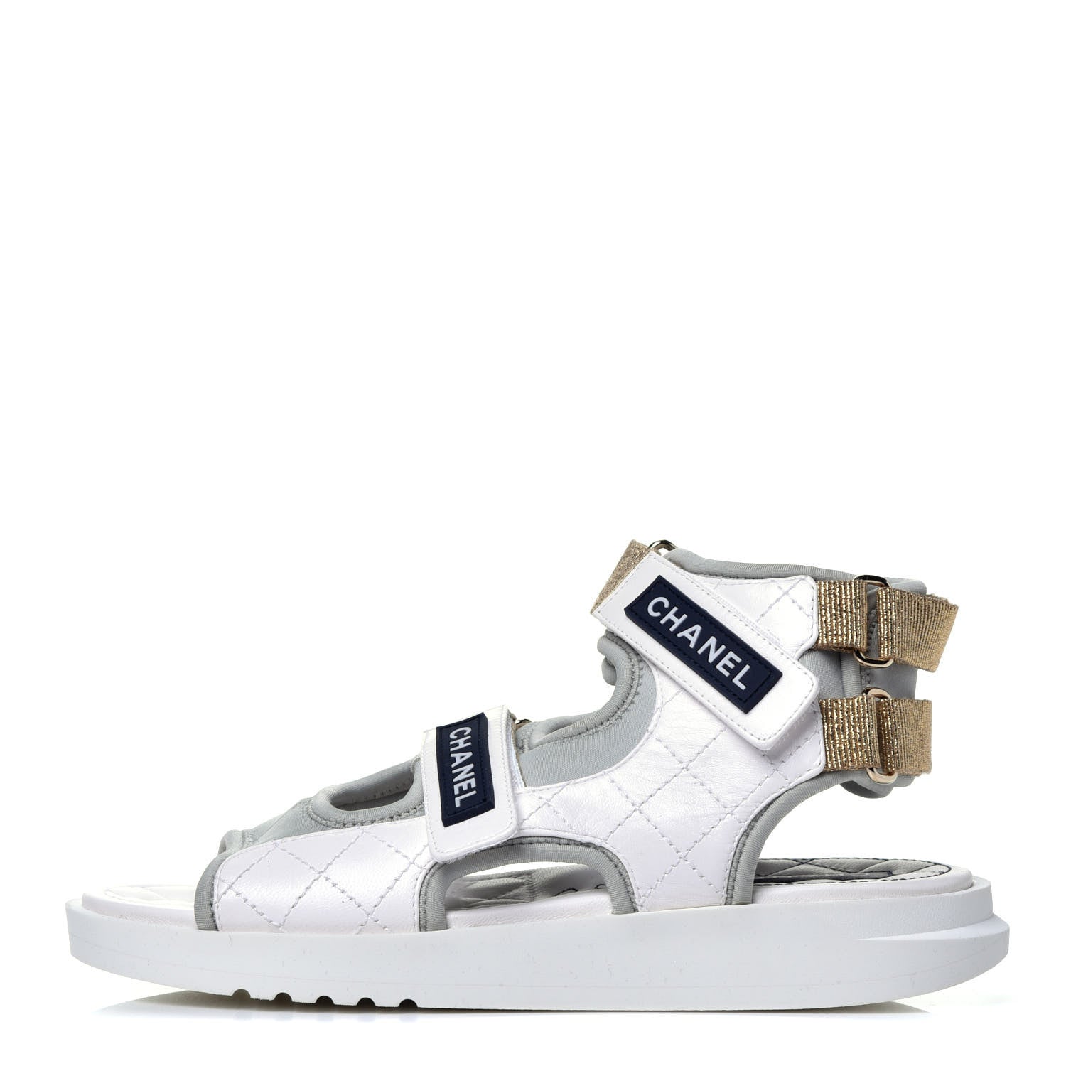 Chanel Goatskin Fabric Gladiator Sandals 37.5 White Light Grey Navy Blue 1 of 8