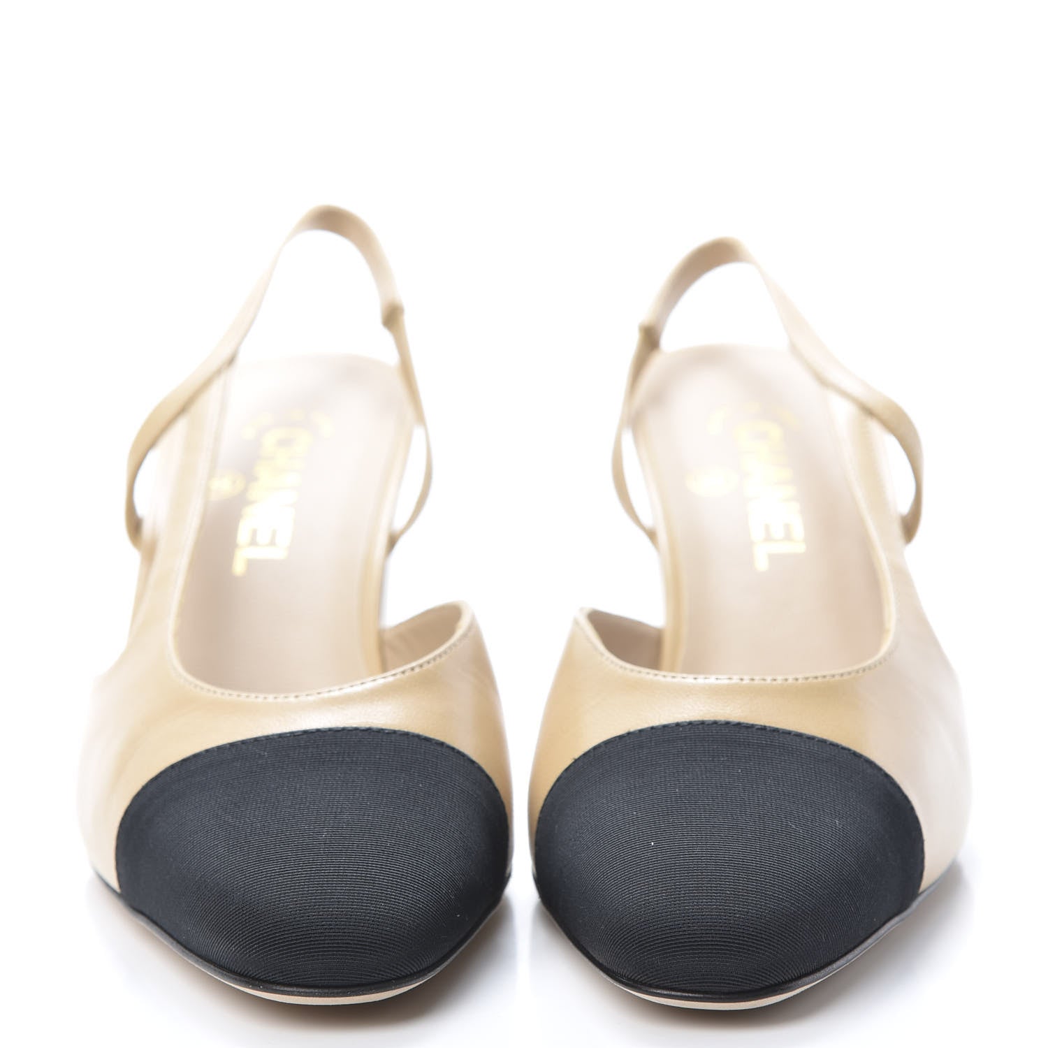Chanel Goatskin Grosgrain Cap Toe CC Slingback Pumps 39.5 Beige Black 2 of 9