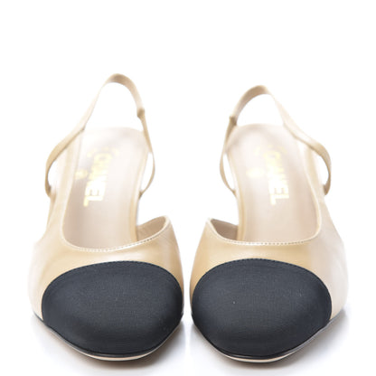 Chanel Goatskin Grosgrain Cap Toe CC Slingback Pumps 39.5 Beige Black 2 of 9