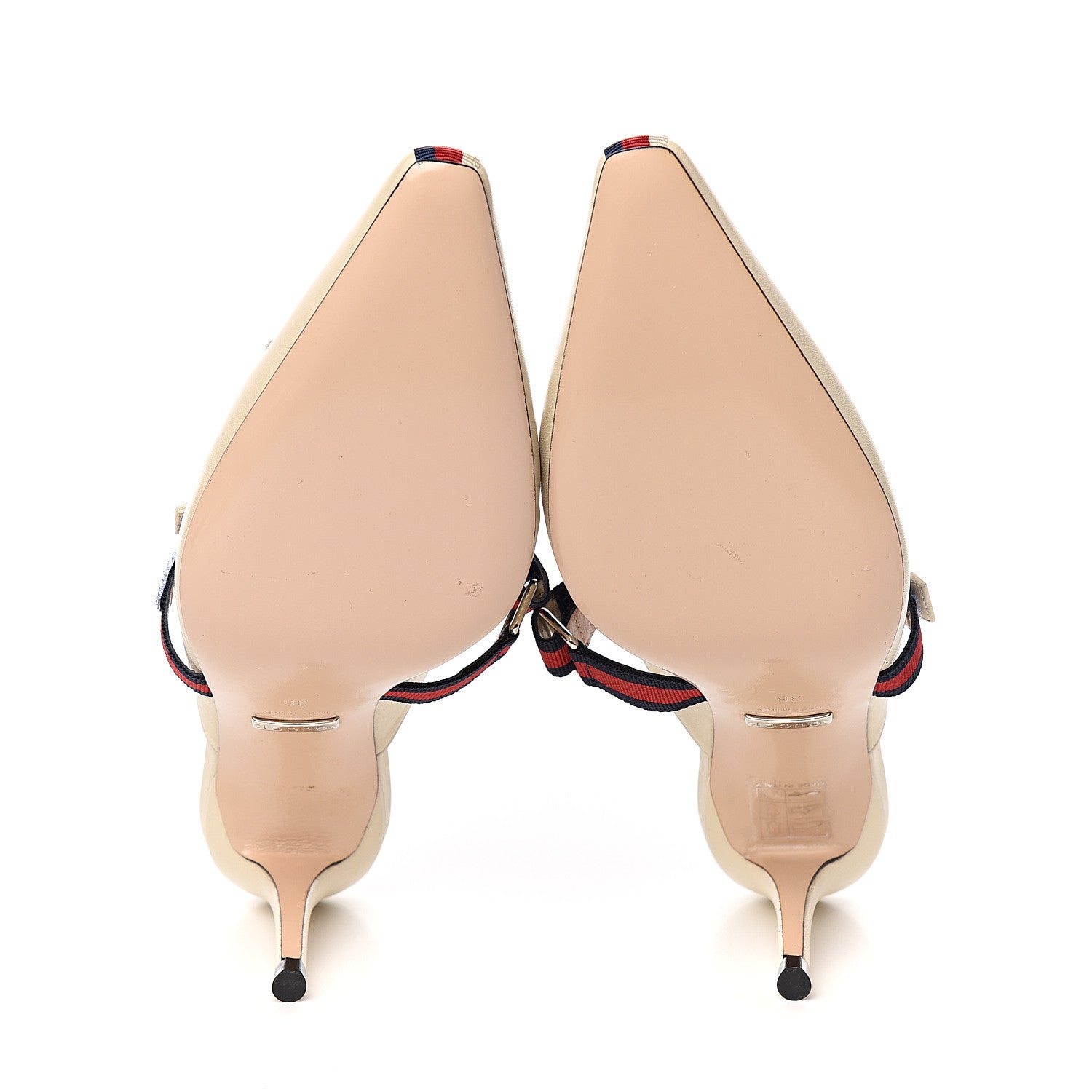 Gucci Malaga Kid Sylvie Web Cross Strap Mid-Heel Slides 36 Vintage White 5 of 10