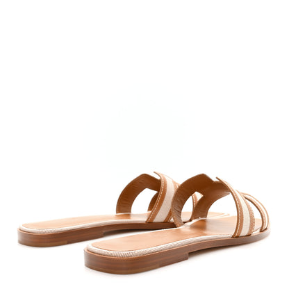 Hermes Calfskin Canvas Oran Sandals 40 Noisette Beige Dore 5 of 10