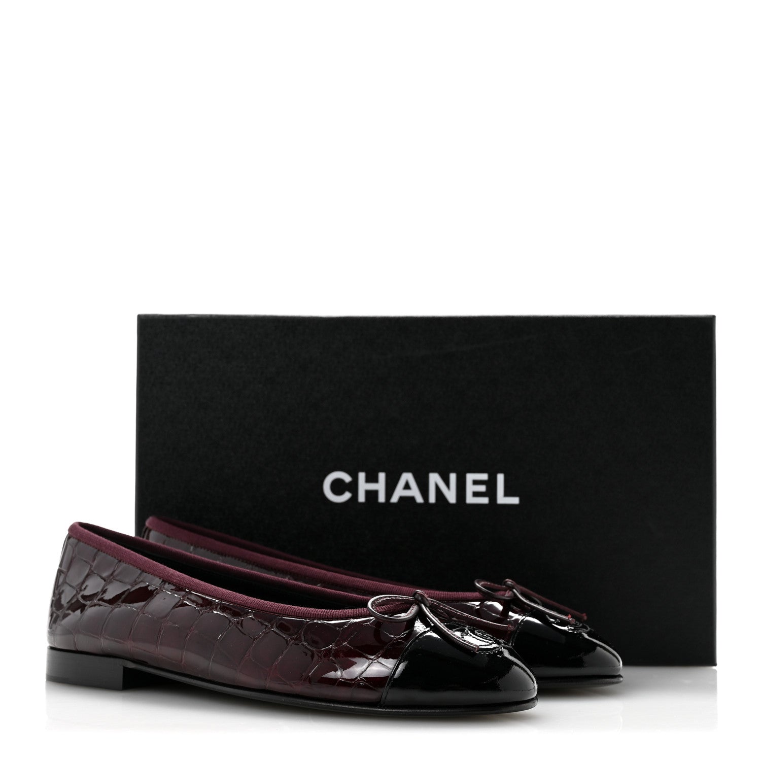 Chanel Crocodile Embossed Patent Cap Toe Ballerina Flats 36.5 Dark Burgundy Black 10 of 10