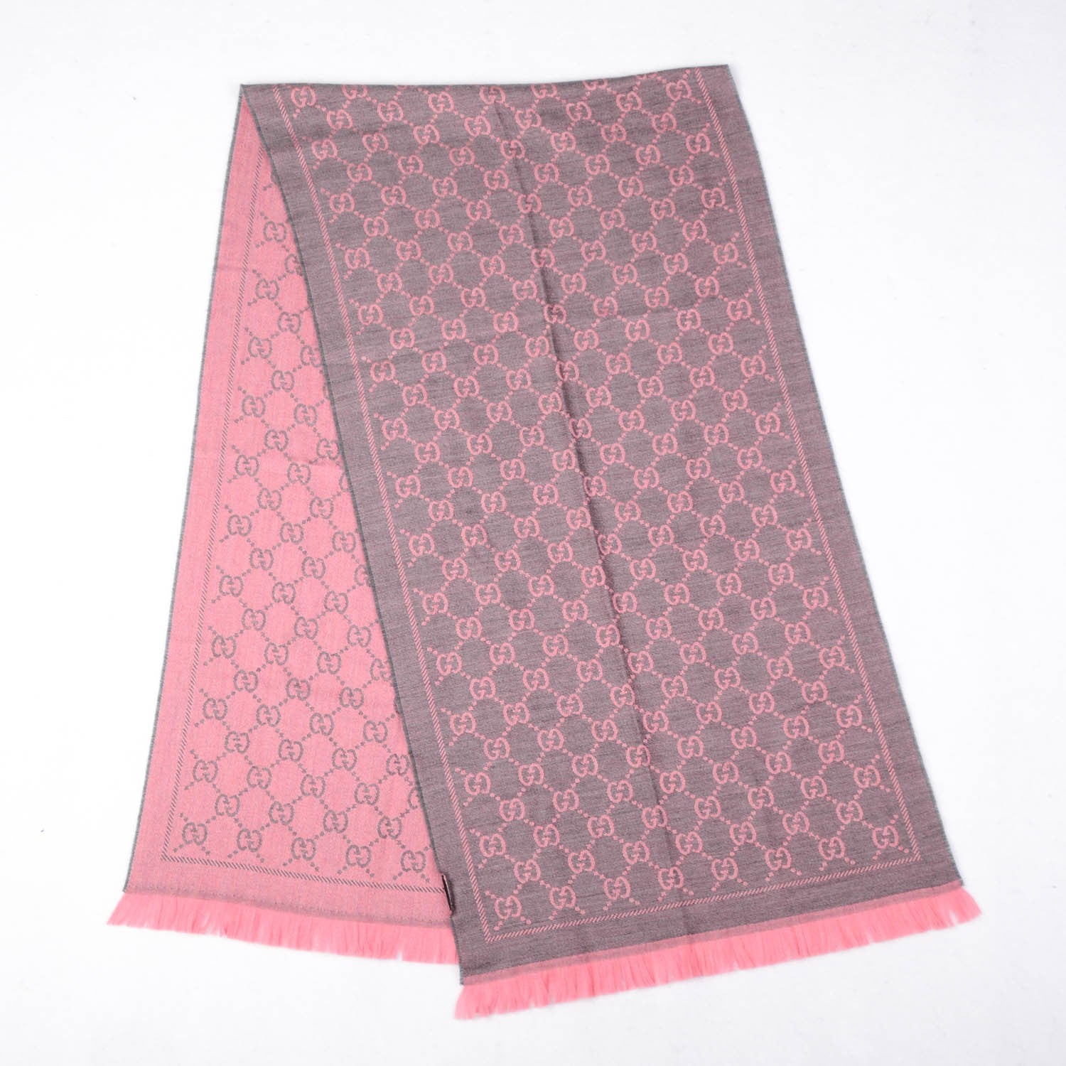 Gucci Wool Jacquard GG Monogram Sten Fringe Scarf Graphite Pink 3 of 5