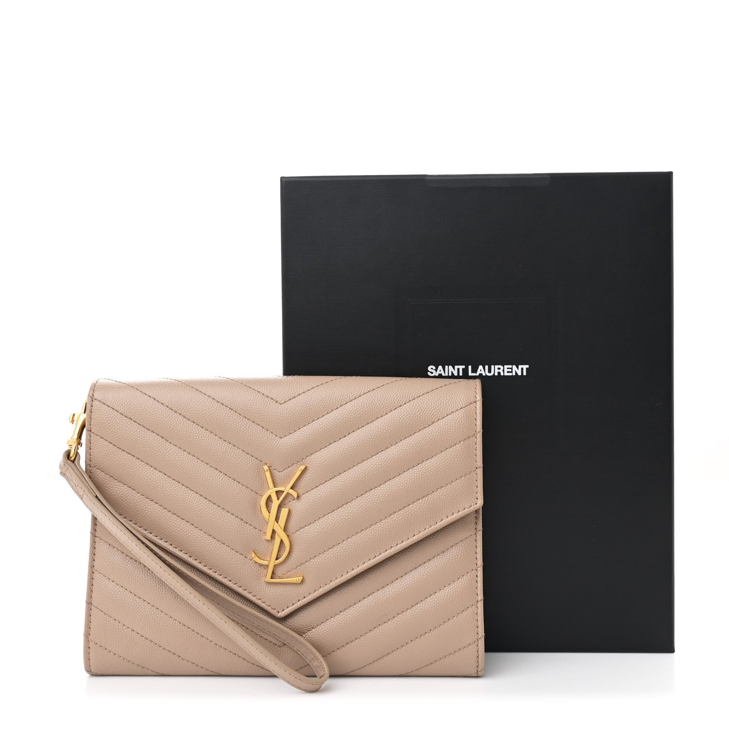 Saint Laurent Grain De Poudre Matelasse Chevron Monogram Envelope Clutch Dark Beige 9 of 9