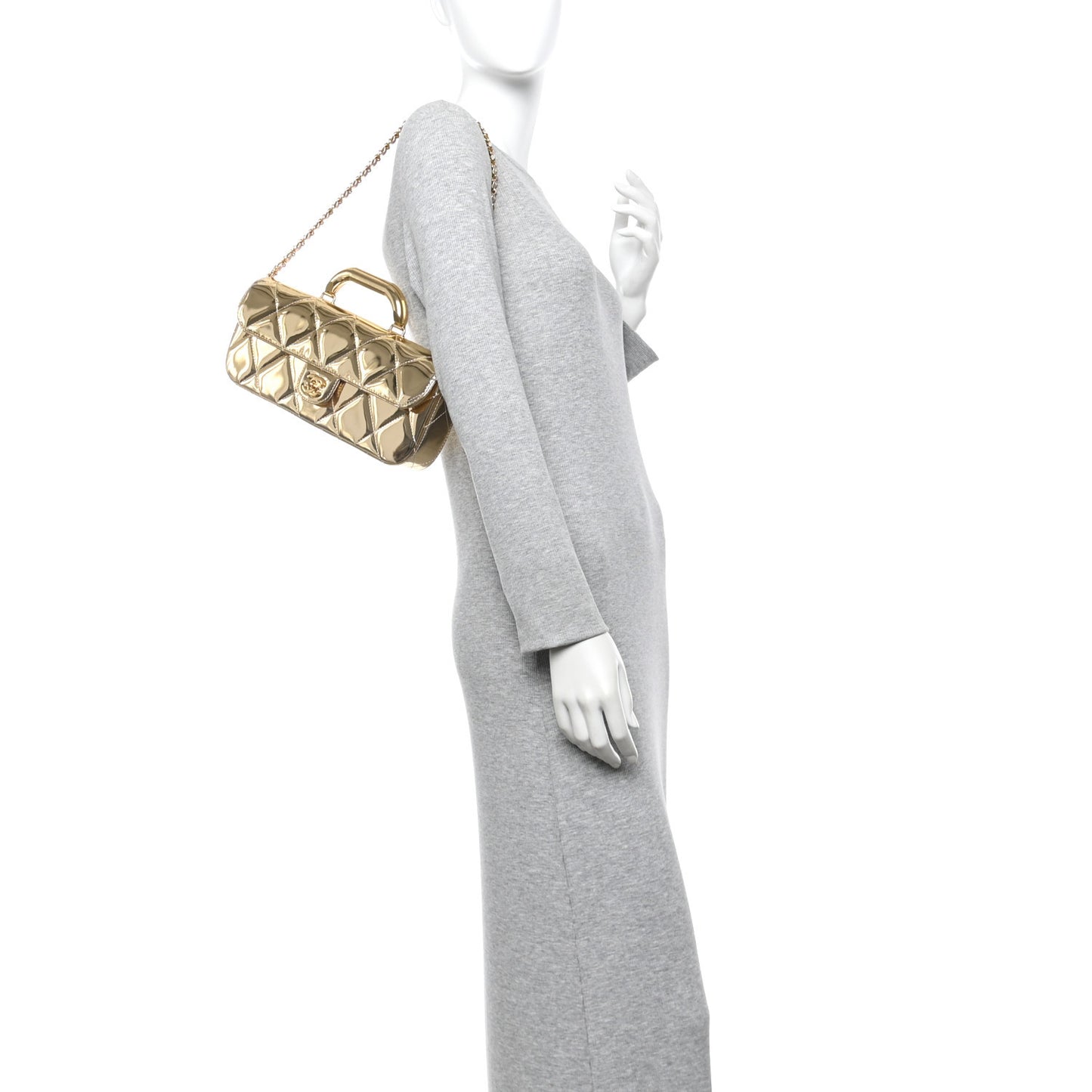 Metallic Mirror Calfskin Large Top Handle Clutch With Chain Gold