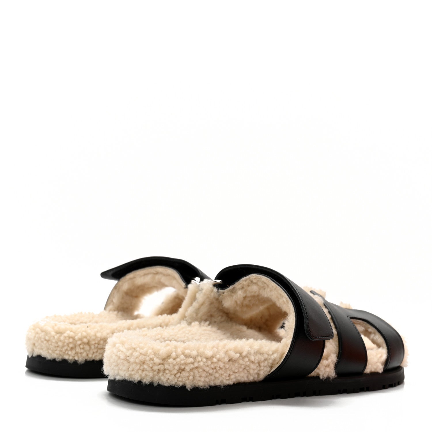 Hermes Calfskin Woolskin Womens Chypre Sandals 36 Black Ecru 4 of 12