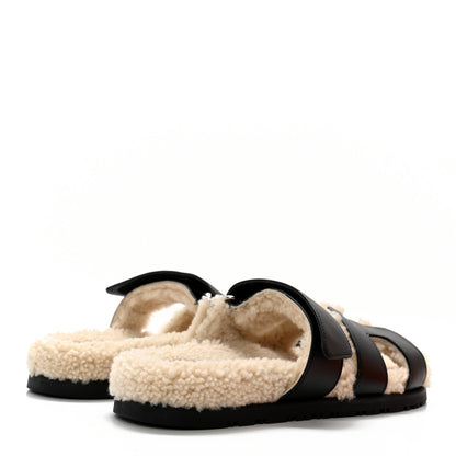 Hermes Calfskin Woolskin Womens Chypre Sandals 36 Black Ecru 4 of 12