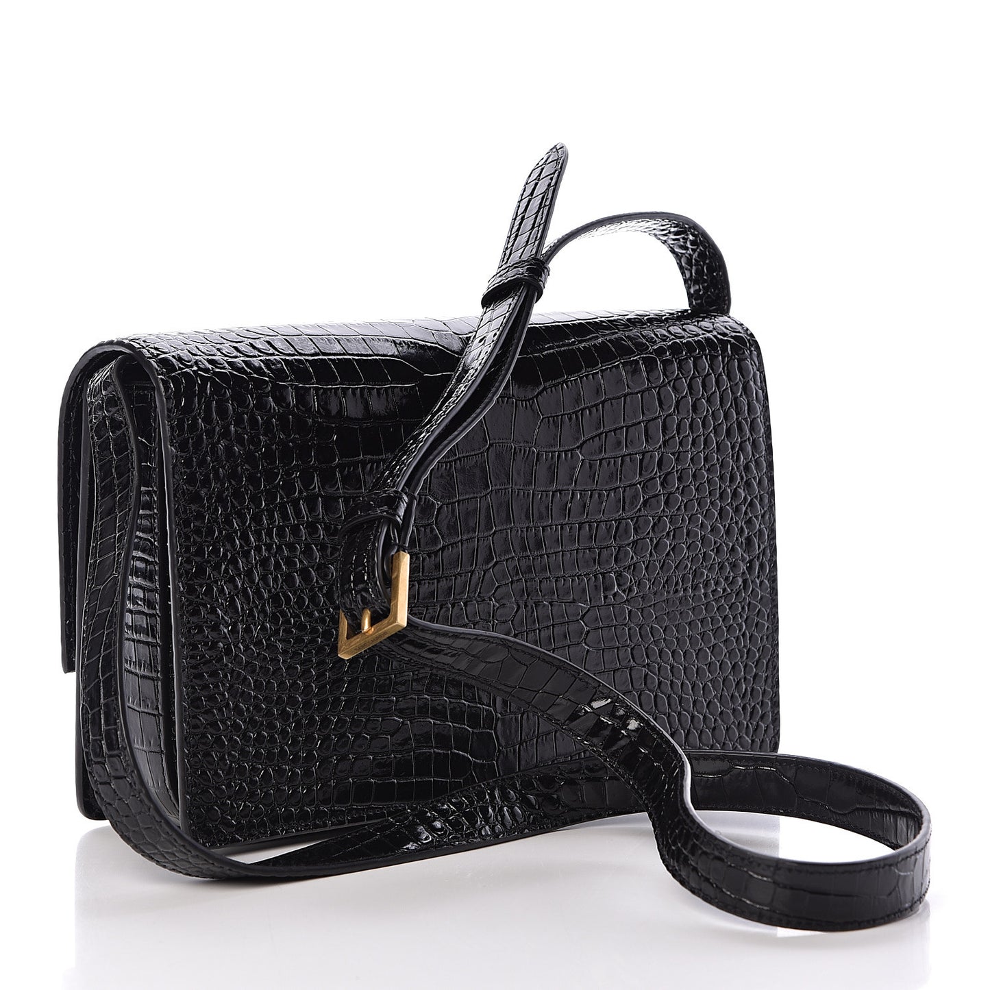 Calfskin Crocodile Embossed Medium Bellechasse Satchel Black
