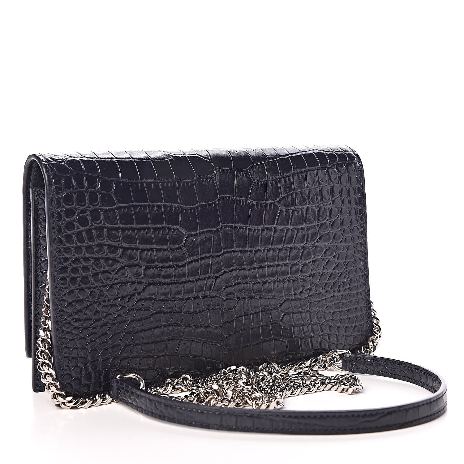 Saint Laurent Calfskin Crocodile Embossed Kate Monogram Tassel Chain Wallet Deep Marine 3 of 9