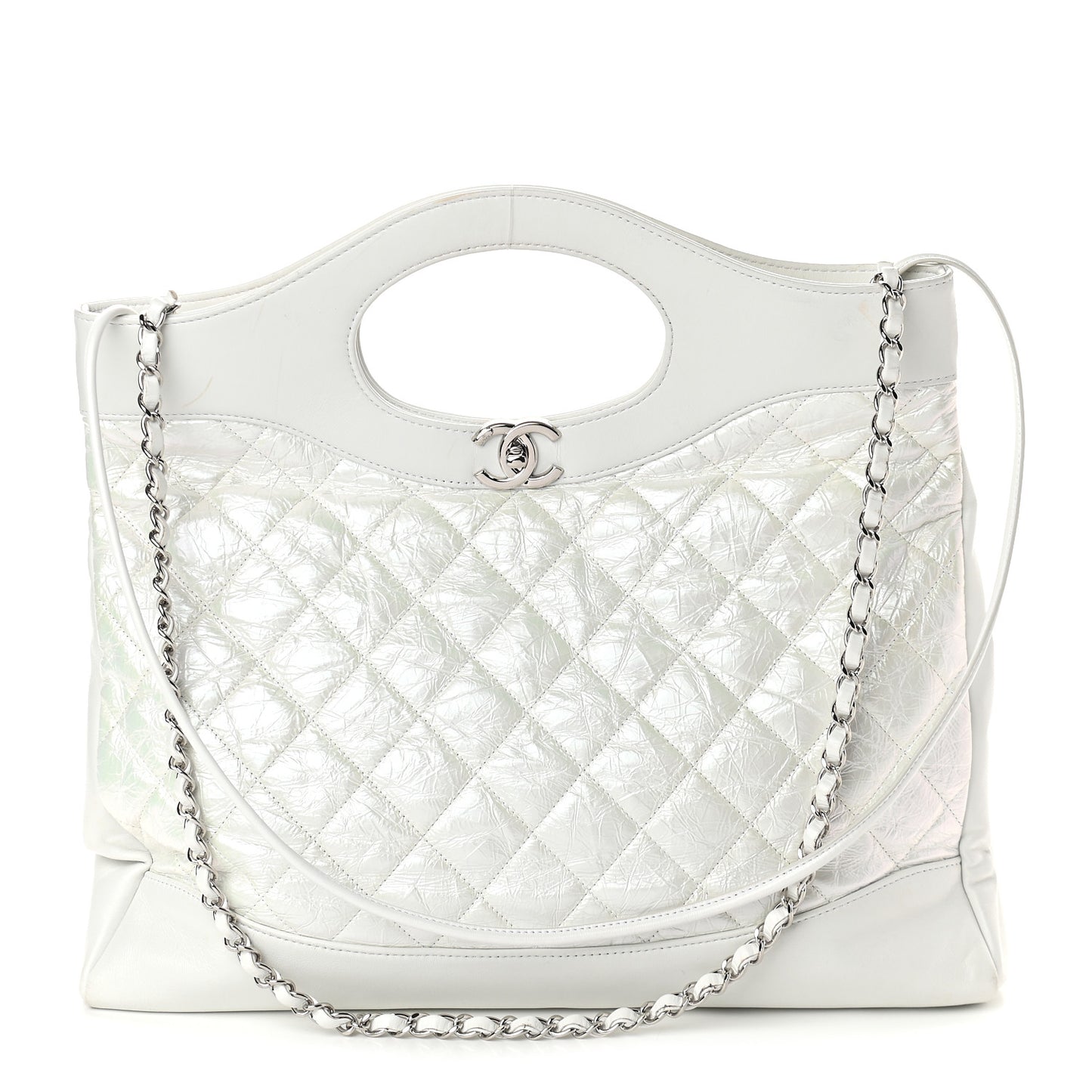 Crumpled Calfskin Quilted Large 31 Shopping Bag White