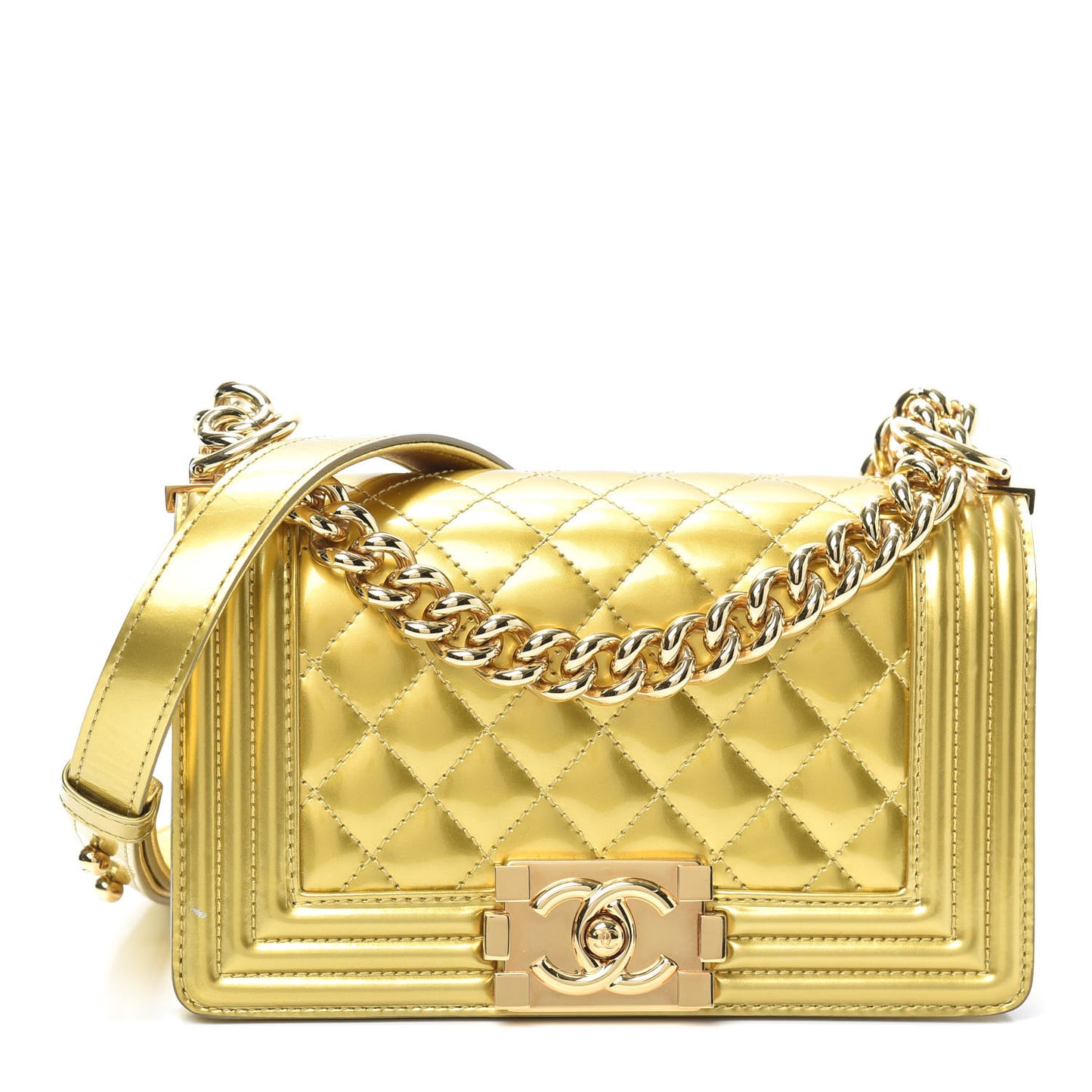 Metallic Patent Calfskin Quilted Small Boy Flap Gold