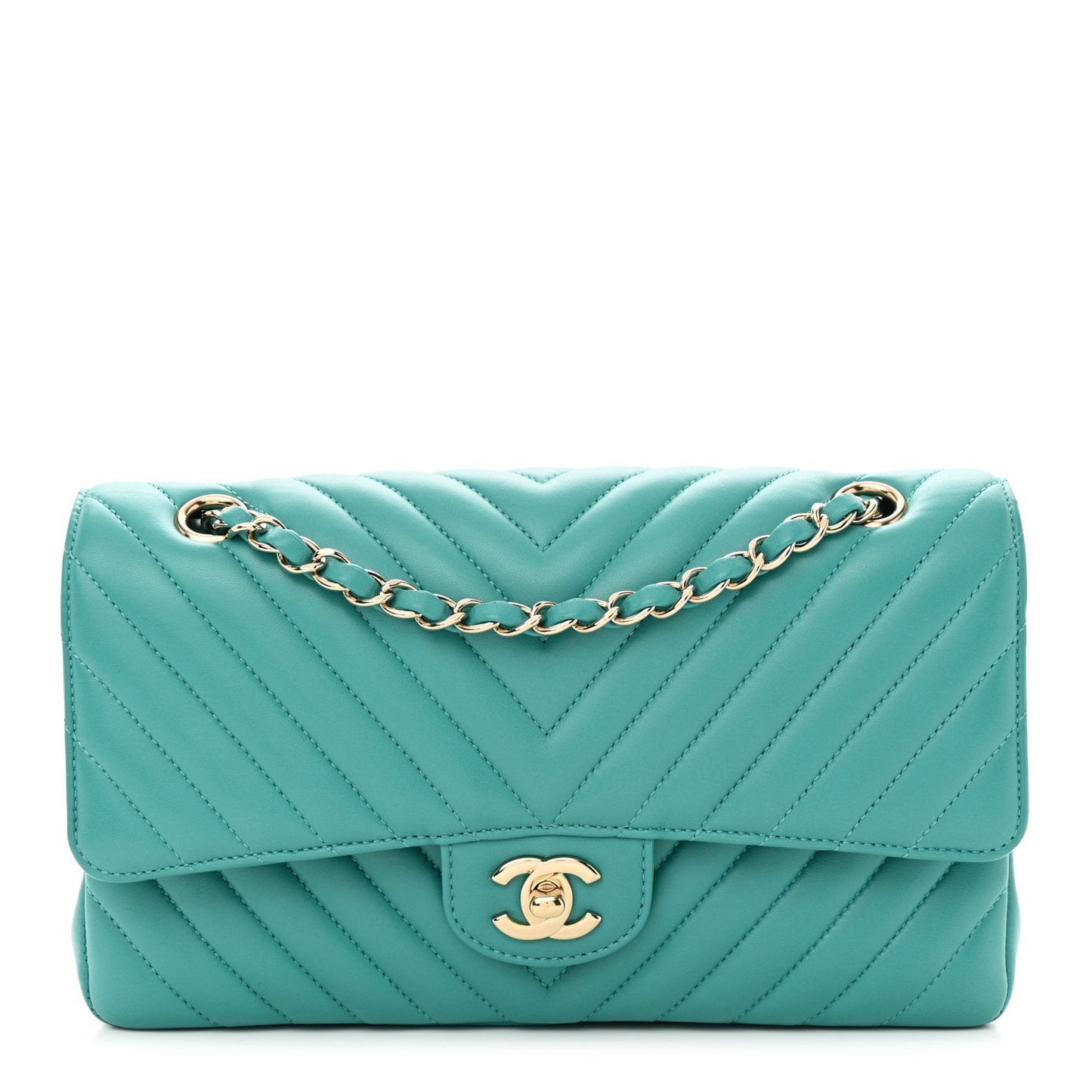 Lambskin Chevron Quilted Medium Double Flap Turquoise