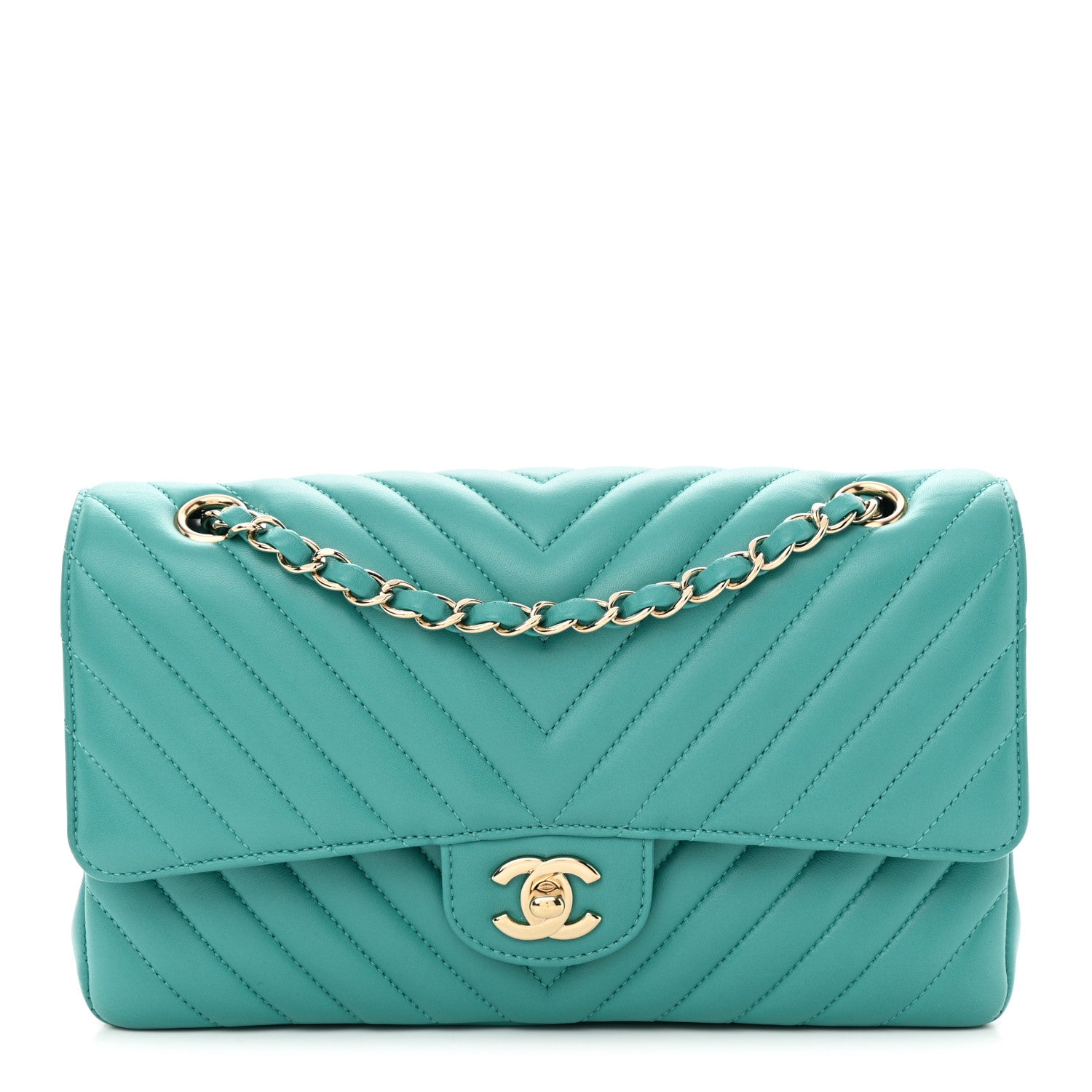 Chanel Lambskin Chevron Quilted Medium Double Flap Turquoise 1 of 13