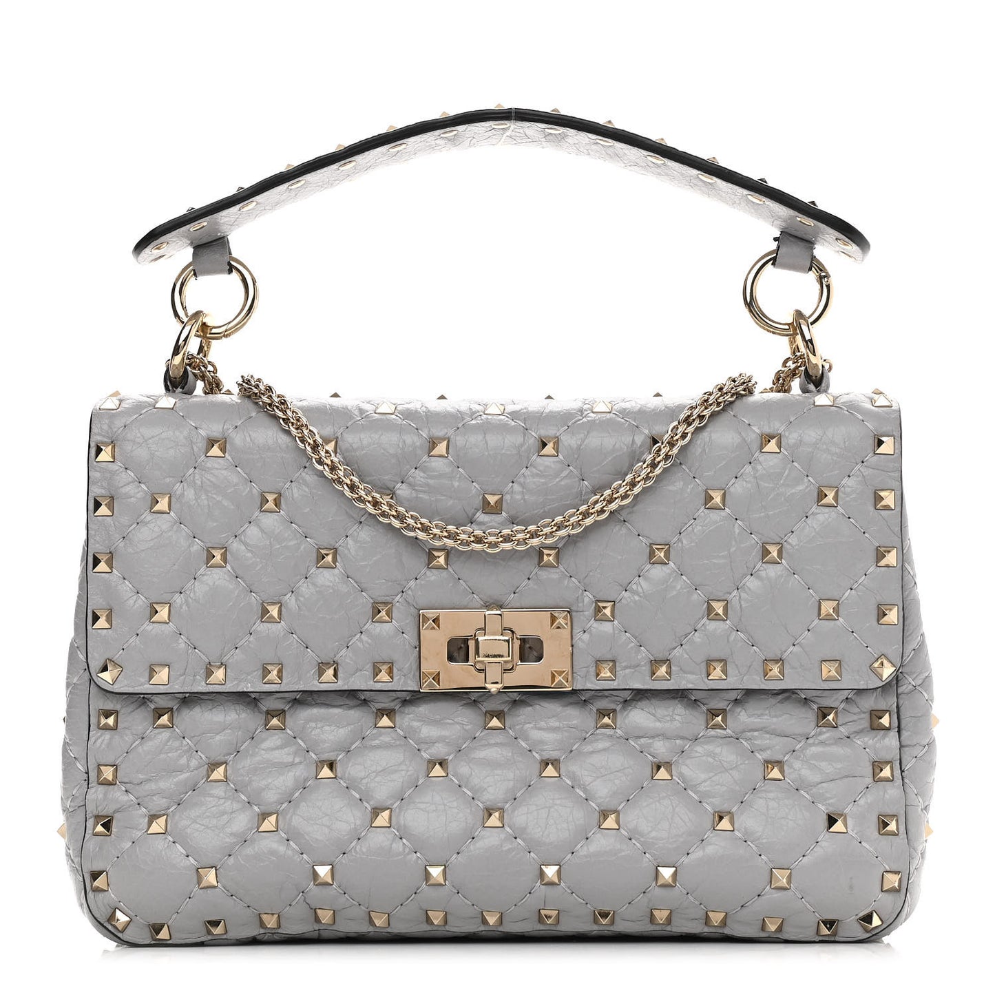 Craquele Nappa Medium Rockstud Spike Shoulder Bag Pastel Grey
