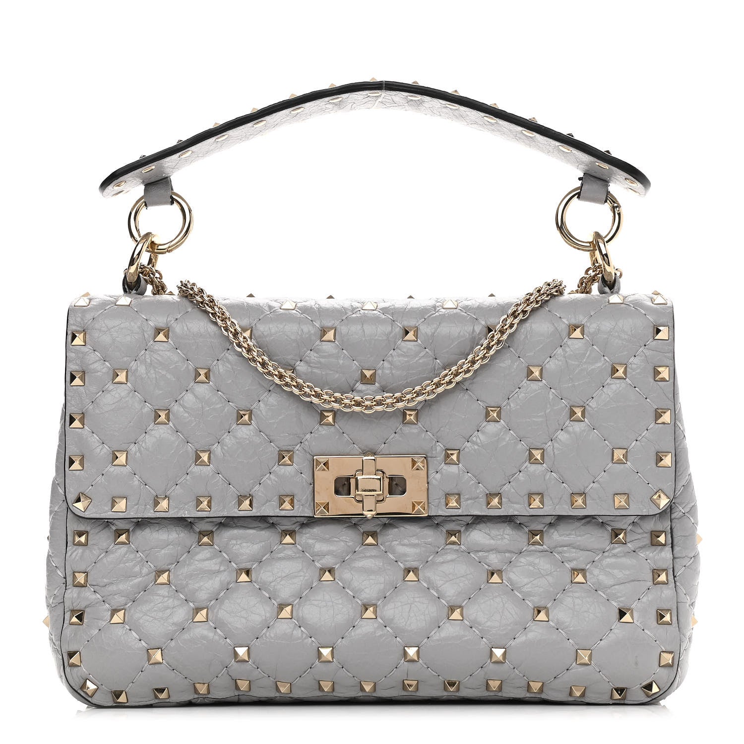 Valentino Garavani Craquele Nappa Medium Rockstud Spike Shoulder Bag Pastel Grey 1 of 12
