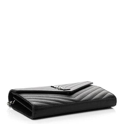 Saint Laurent Grain De Poudre Matelasse Chevron Monogram Chain Wallet Black 4 of 10