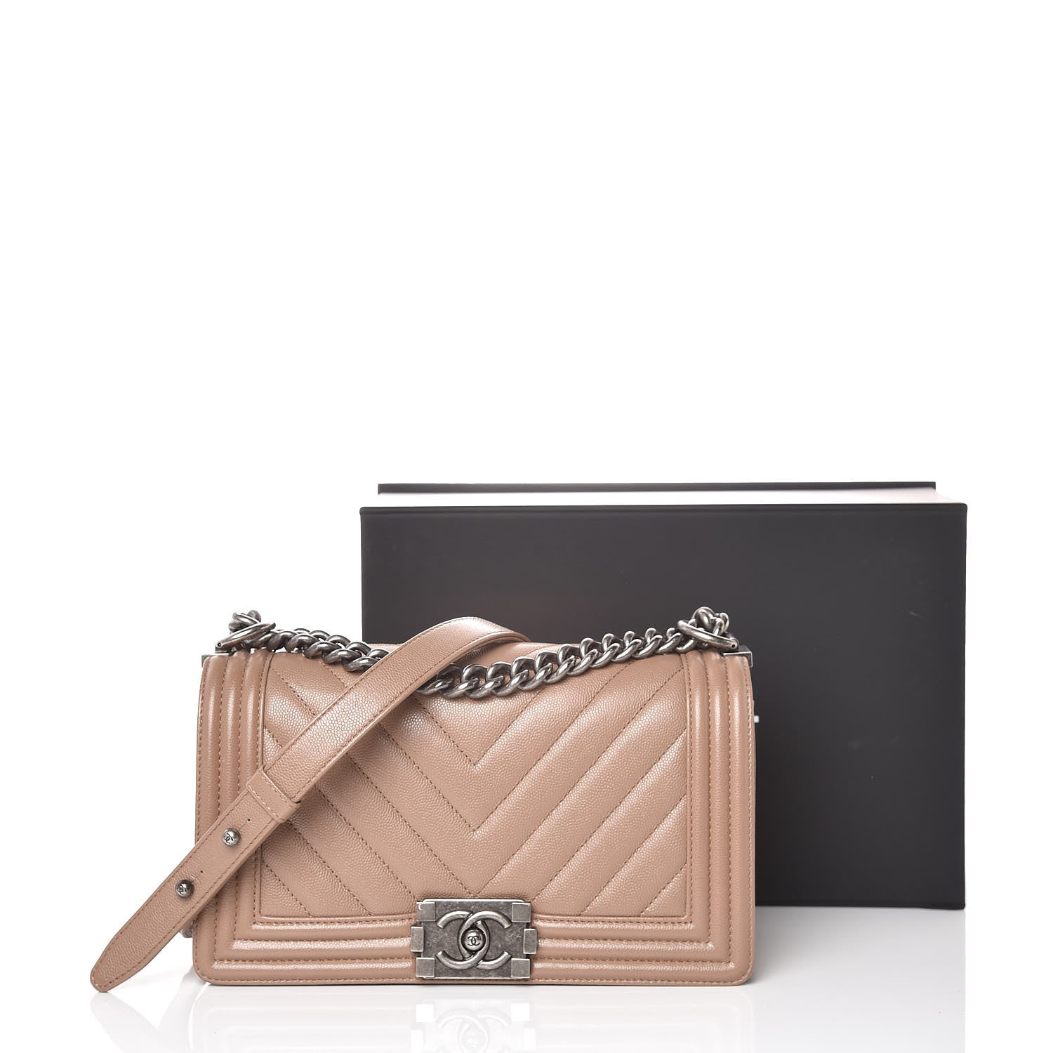 Chanel Caviar Chevron Quilted Medium Boy Flap Dark Beige 12 of 12