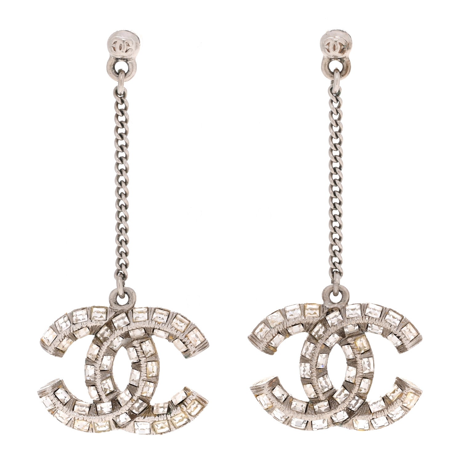 Chanel Baguette Crystal CC Drop Earrings Silver 1 of 5