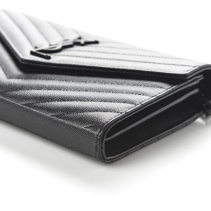 Saint Laurent Grain De Poudre Matelasse Chevron Monogram Chain Wallet Black 7 of 9