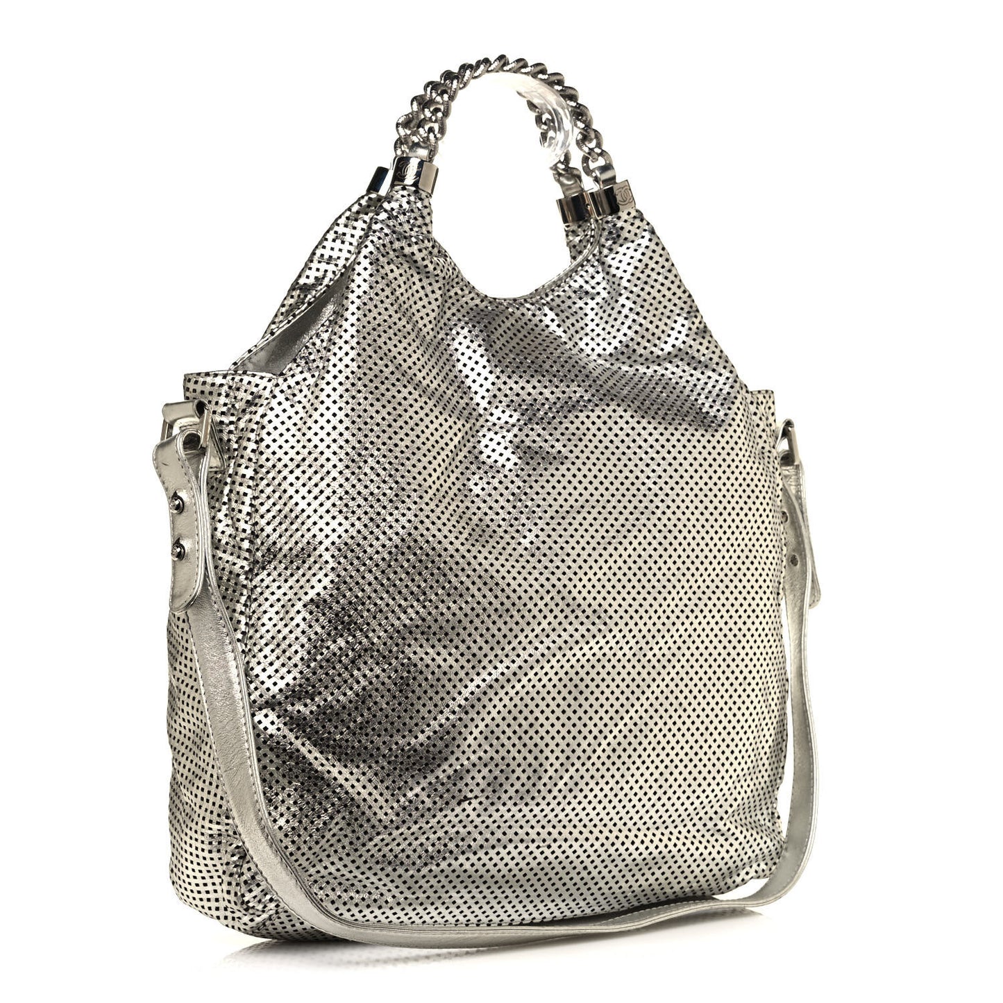 Metallic Glazed Calfskin Perforated Medium Rodeo Drive Tote Silver