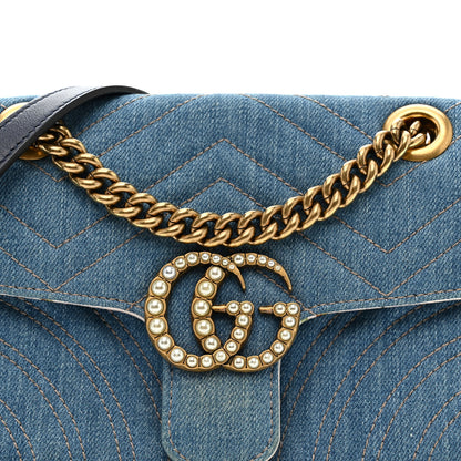 Gucci Denim Matelasse Mini Pearly GG Marmont Shoulder Bag Blue 8 of 11