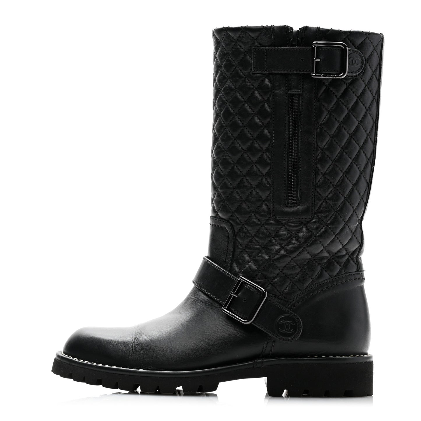 Calfskin Quilted Biker Boots 37 Black