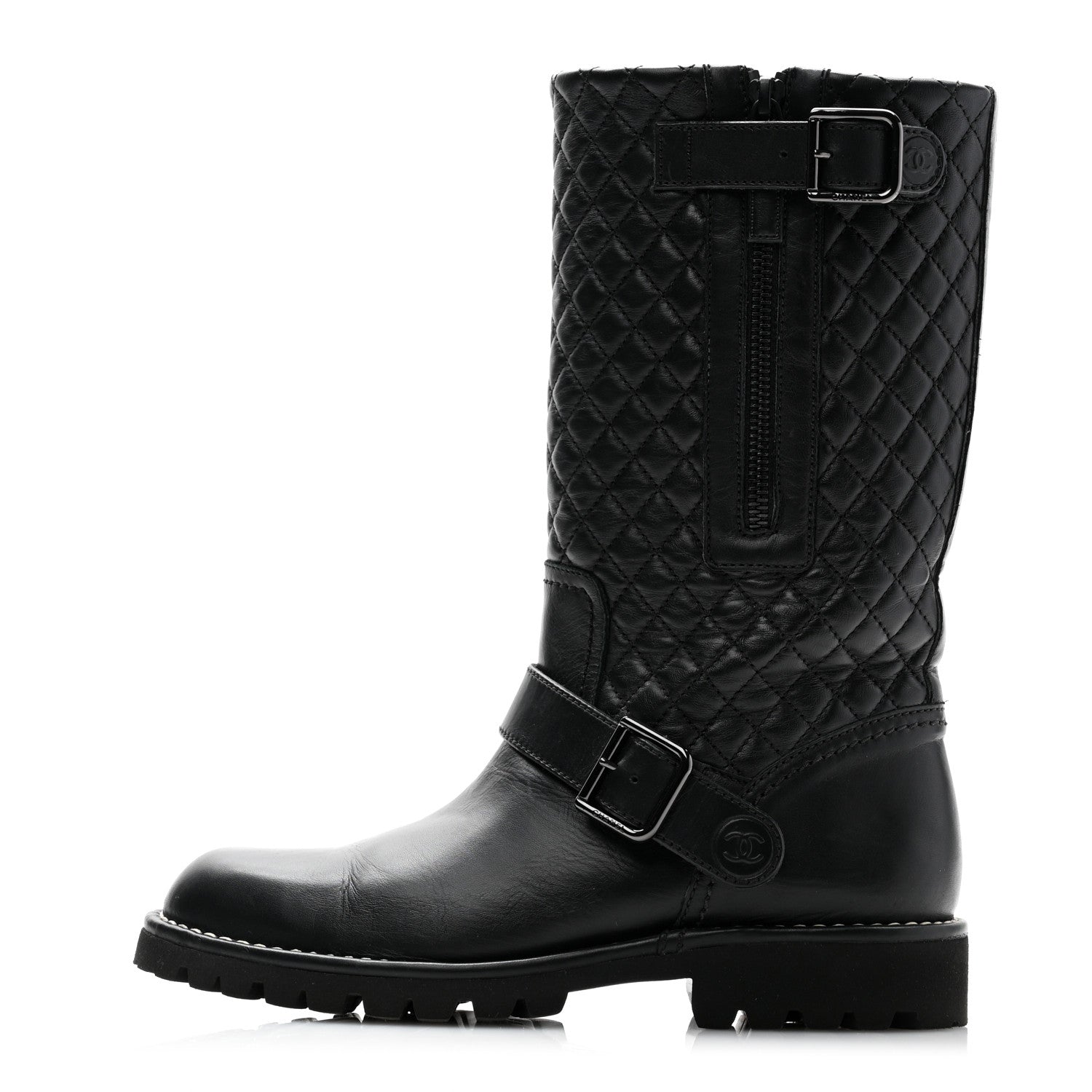 Chanel Calfskin Quilted Biker Boots 37 Black 1 of 11